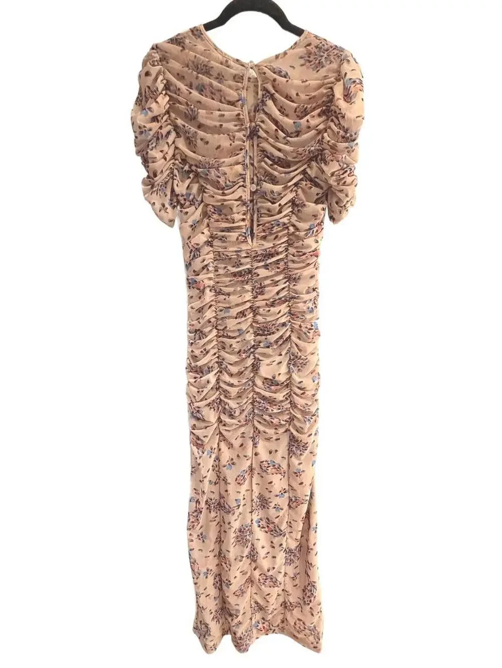 NEW! Free People Briella Ruched Midi Dress‎ Floral Tea Combo Puff Sleeve Size XS